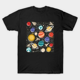 Paper space adventure II // illo // black background multicoloured solar system paper cut planets origami paper spaceships and rockets T-Shirt